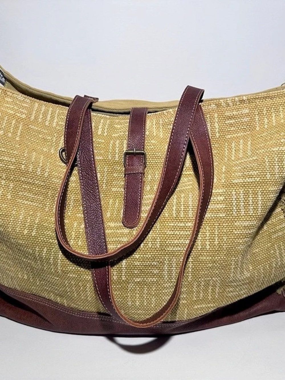 Myra Bag Geometric Cotton Tote in Green, Brown & Beige